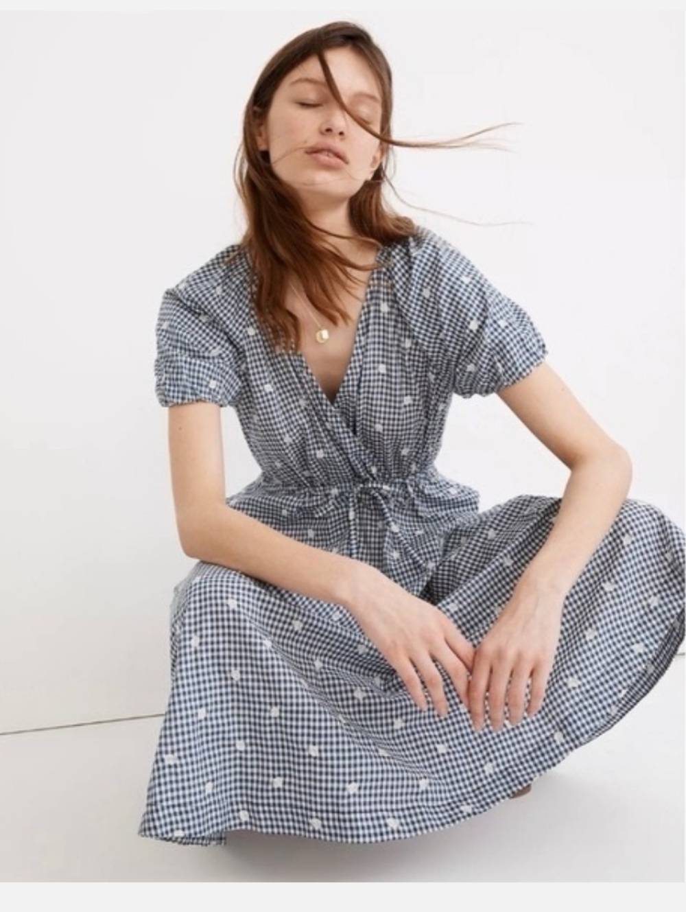 Madewell Embroidered Gingham Faux-Wrap Tie-Waist Midi Dress size Large navy